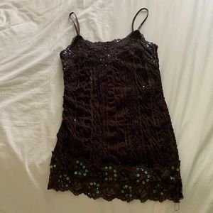 Brown sequence lace tank top
